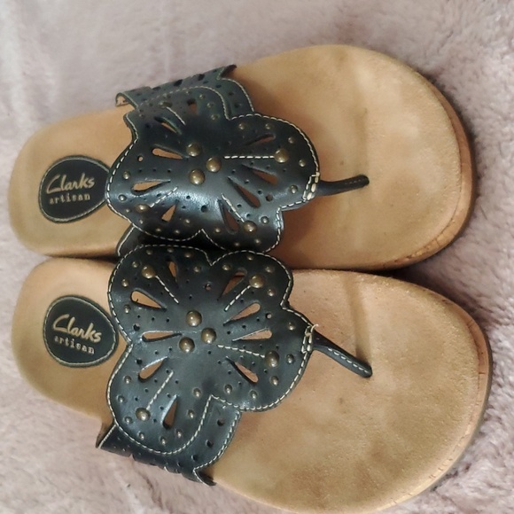 Clarks Women's Palima Palm Wedge Sandal in Black, Size 8 - Picture 1 of 11